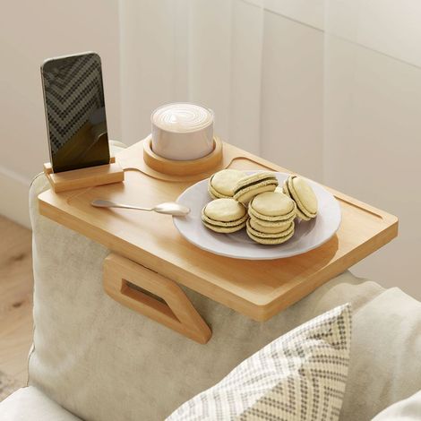 Plateau pliable et flexible en bambou pour accoudoir de canapé, avec porte-gobelet amovible et support de téléphone pivotant (1/5)