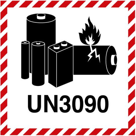 Etichetta in PE Marchio batterie al litio UN3090  mm 100x100 - Misura: 100mm x 100mm - Numero Pezzi: 10 pezzi