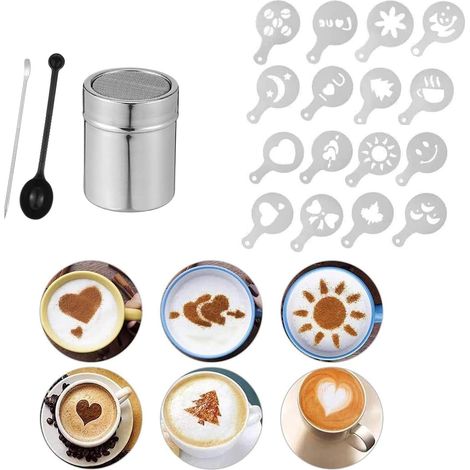 Coctelera de acero inoxidable + 16 plantillas de barista para café y capuchino + 1 cuchara medidora + 1 bolígrafo de barista (1/5)