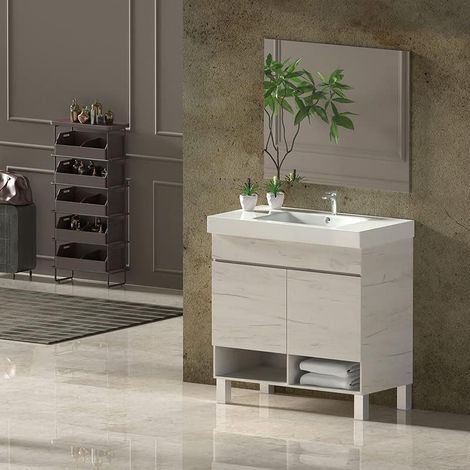 Conjunto de Baño NEBARI con patas - 7 colores distintos 2 puertas o un cajón a elegir- incluye mueble, lavabo y espejo se envía MONTADO Blanco Nórdico 80x40Cm  con cajón