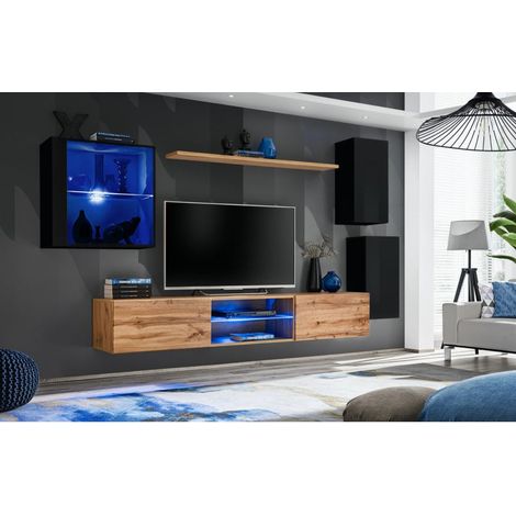 Ensemble meuble TV mural Switch XXIII - L 250 x P 40 x H 140 cm - Marron et noir - Livraison gratuite