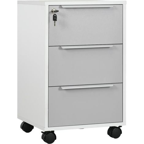 Classeur blanc et gris à roulettes 3 tiroirs avec serrure pour bureau et salon, 40x40x63,5 cm, rangement design