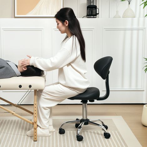 Noir - Tabouret pivotant 360° réglable, roulettes, dossier, simili cuir, usage maquillage, salon et coiffure, mobilier professionnel