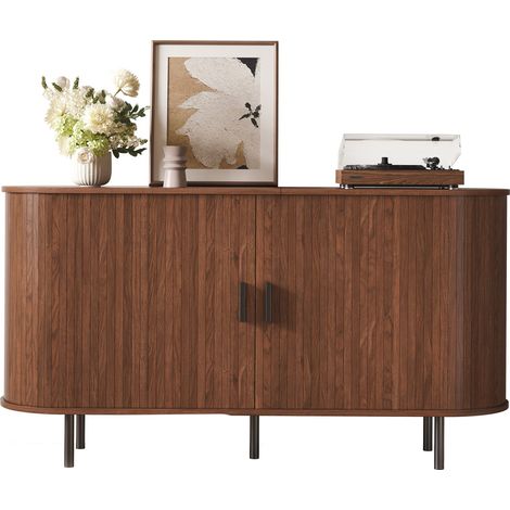 Buffet de rangement 140 cm avec 2 portes coulissantes rainurées, 4 compartiments et étagères latérales ouvertes, bois foncé et métal noir CHICFURN (1/5)