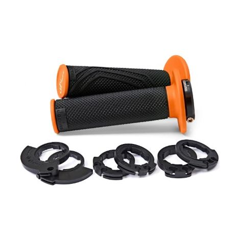 Puños Domino Off Road D-lock 2T / 4T (con adaptadores de acelerador - KTM, Husqvarna, Gasgas, Honda, Kawasaki, Suzuki, Yamaha y otros) Negro/Naranja