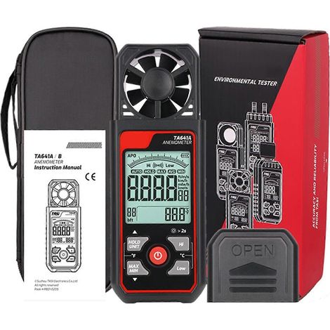 Anémomètre numérique portable, anémomètre de poche, compatible avec la mesure de la température et de l'indice de refroidissement éolien, avec écran LCD rétroéclairé TA641A (1/5)