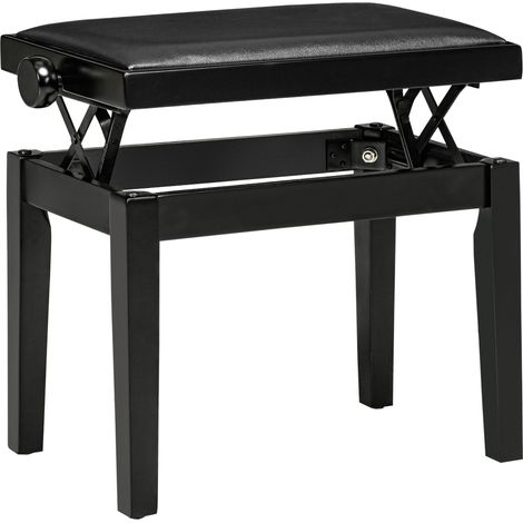 Tabouret de piano réglable en similicuir et bois d'hévéa, noir, finition brillante, élégant, 63x33x56 cm