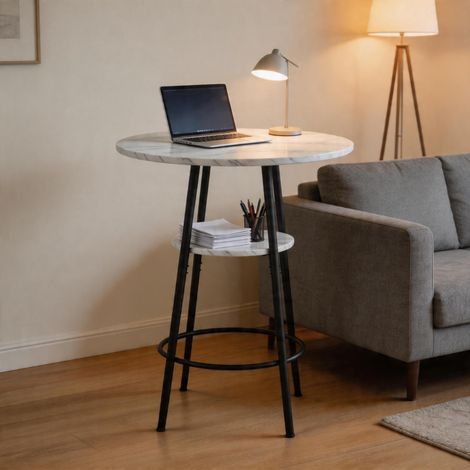 Moderner Bartisch mit Stauraum, Weißer Marmoroptik und schwarzem Metallrahmen, Durchmesser 60cm, Höhe 89cm, Zeitgemäßer Stehtisch für Küche, Esszimmer und Café (1/5)