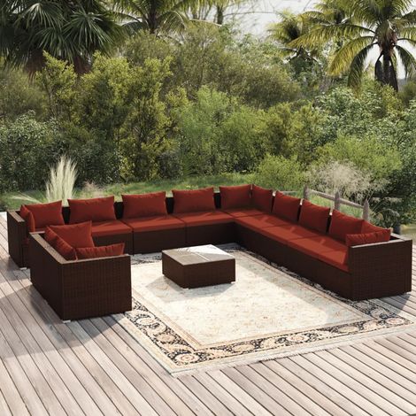 12-tlg. Garten-Lounge-Set mit Kissen Braun Poly Rattan (1/5)