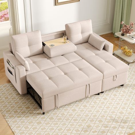 Canapé d'angle convertible en tissu beige avec coffre de rangement, méridienne réversible, porte-gobelets et 3-4 places pour salon moderne - CHICFURN (1/5)