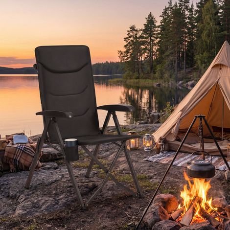 Chaise de Camping, Dossier Réglable 95°-150°, Porte-Gobelet, Sac de Transport, Pêche, Jardin, Noir (1/5)