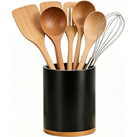 Porte-ustensiles de cuisine rotatif à 360°, organiseur de cuisine en bois de bambou, grand porte-cuillères, pour plan de travail, rangement d'ustensiles de cuisine, porte-couverts, 15 x 19 cm (1/5)