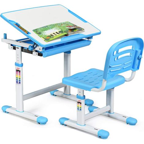 Costway – Table enfant inclinable réglable en hauteur 76-84 cm – Chaise ajustable 30-44 cm – Tiroir de rangement intégré – Fer et PP (1/5)