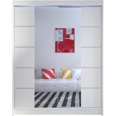 Armario Closico Vastor V, Blanco, 200x150x58cm, Puertas de armario: Correderas, Número de estantes: 5, LED