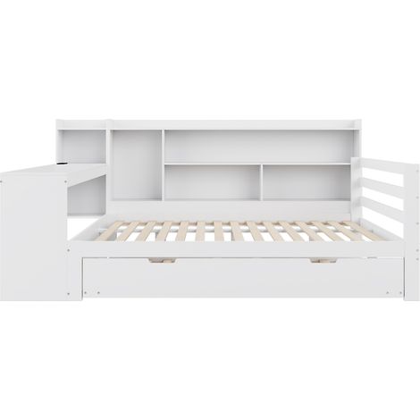 Letto multifunzione in legno 140 x 200 cm bianco con scrivania, scaffali, vani e letto estraibile (1/5)