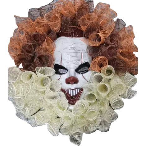 Dekorativer Stoffkranz mit handgefertigter Clownmaske, 45 cm, ideal für Halloween. (1/2)