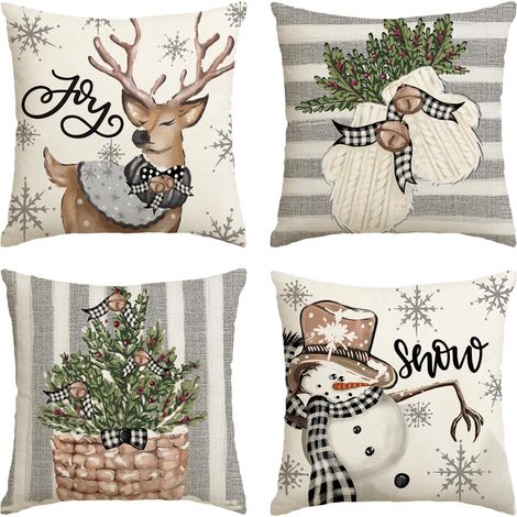 4er Set Weihnachten Kissenbezüge (45x45cm), Winter Zierkissenbezug mit Plaid/Rentier Motiven für Couch Deko