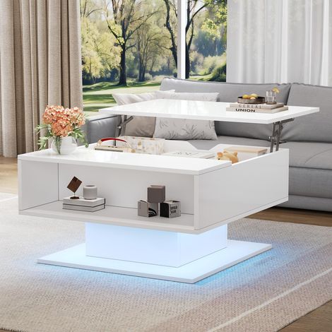 Table basse 80 x 75 x 40 cm avec vérin hydraulique, table d'appoint laquée brillante, table de salon avec rangement semi-ouvert, table basse géométrique, table d'appoint ergonomique, blanche