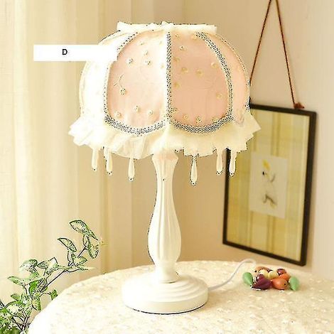Lampe de table pour chambre de fille, abat-jour en dentelle princesse, pompon, lampe de bureau en bois, lampe de chevet E27, Book Rea (1/2)