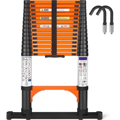 Echelle Telescopique, Échelle Retractable Extensible 4,4M, Orange-Noir avec Stabilisateurs et Crochet Amovible, Échelle Droite Robuste et Portable, Maison, Camping‑cars et Greniers (1/5)