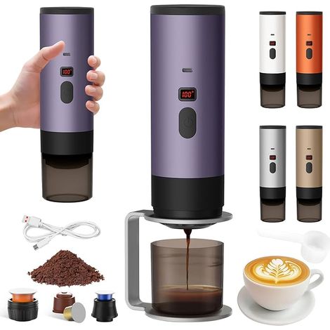 Machine a Cafe Portable avec Support,Nouveau Cafetière Portable 3 en 1,Affichage Intelligent Machine a Cafe,Rechargeable Cafetiere Electrique Compatible avec Cup et Café Moulu (Violette-1) (1/5)