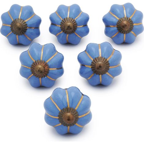 Lot de 6 Boutons Décoratifs en Céramique Peints à la Main Bleus pour Placard Tiroir et Meubles pour Armoires de Cuisine Salle de Bain Commode Finition Brillante Motif Citrouille (1/4)