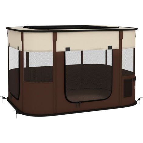 Portable Foldable Dog Pen with Storage Bag for Indoor Outdoor Use, Pet Playpen with Ground Stakes - Brown Color (1/5)