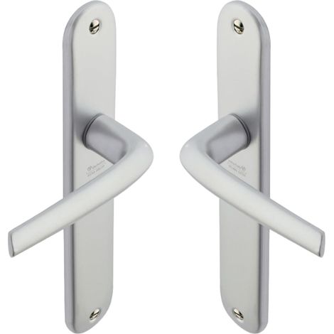 1 - Poignée de porte - Plaque longue - Bec de cane - Entraxe 165 mm - Carré 7 mm - Zamak argenté - Pour cuisine et salon - Épaisseur 38-48 cm
