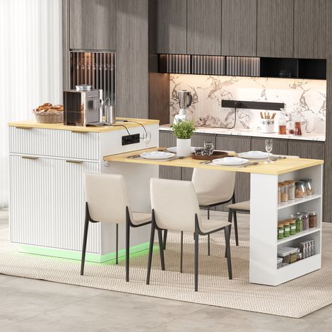 Îlot de cuisine avec table à manger extensible - 127,5-205x67x92 cm - led usb prises et tiroirs de rangement - style moderne mdf - blanc (1/5)