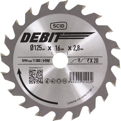 Lame de scie circulaire carbure 125mm – 40 dents – Alésage 16mm – Épaisseur 2,8mm – Pour bois dur et teck – Scid