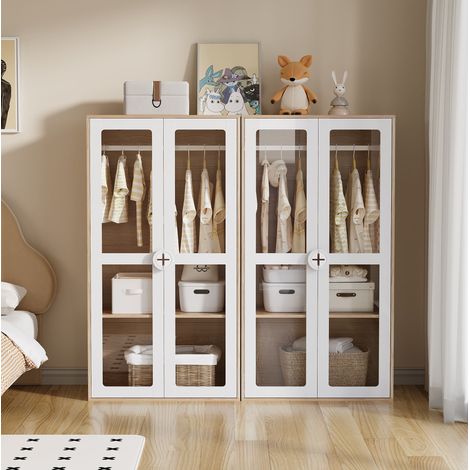 Armadio per bambini a 2 ante con barra appendiabiti, set 2 pezzi bianco e naturale (1/5)