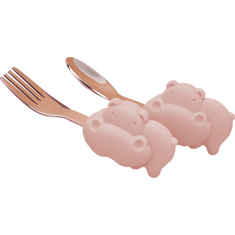Cuillère d'apprentissage pour bébé en silicone et acier inoxydable, couverts pour enfants, rose hippopotame (1/5)