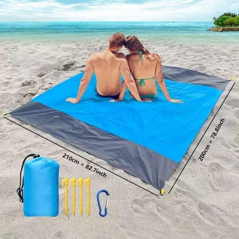 (Bleu)Tapis de Plage Couverture Pique Nique 200x210cm Couverture de Plage Ultra légère Natte de Plage extérieure imperméable pour la Plage,Le Camping,Portable à séchage Rapide. (1/5)