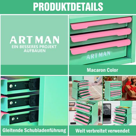 Organisateur de bureau à 5 tiroirs 28,5x15,8x32 cm en acier vert et rose, gain de place – MEUBLIV (1/5)