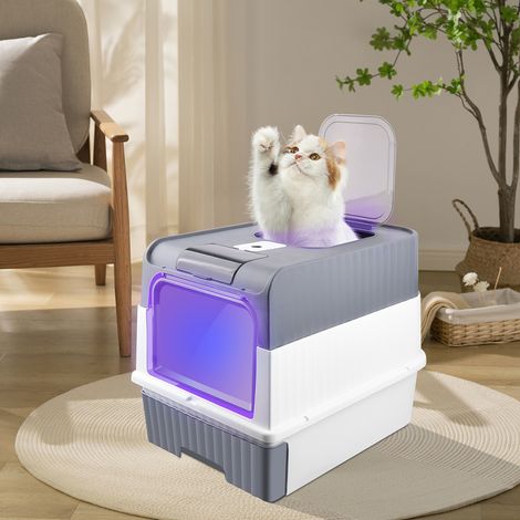 Caja de arena para gatos, inodoro para gatos, bandeja de arena con pala - Esterilización y desodorización ultravioleta - Plástico PP gris (1/5)