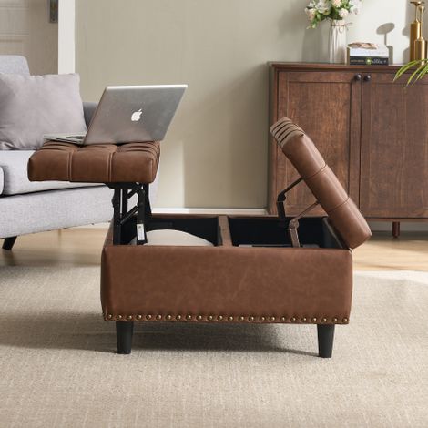 Grand pouf de rangement carré — Banc de rangement à couvercle relevable — Idéal pour les bureaux à domicile (Convient aux salons, chambres et bureaux) — Coffre de rangement rembourré (Similicuir marro