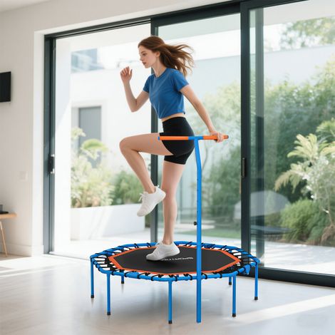 Fitness-Trampolin, Trainingstrampolin mit verstellbarem Haltegriff, stabil und leise, für drinnenf, Stahl, Blau