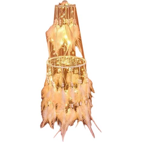 Attrape-rêves double cercle, guirlande lumineuse LED blanche en plumes, décoration bohème à suspendre au plafond ou au mur, cadeau idéal pour une adolescente