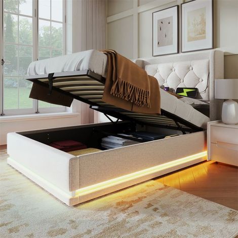Lit adulte 90x200 cm rembourré avec coffre hydraulique - 1 place, coton beige, capacité 150 kg (1/5)