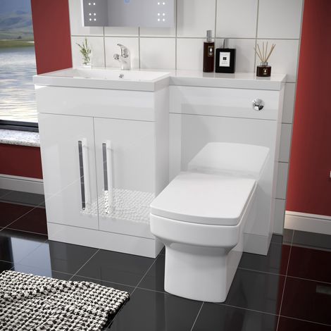 ELEGANT 1100mm L Shape Bathroom Vanity Sink Unit Furniture Storage,High Gloss White Vanity Unit with Concealed Cistern + Basin with Ceramic Square Toilet Left Hand (1/5)