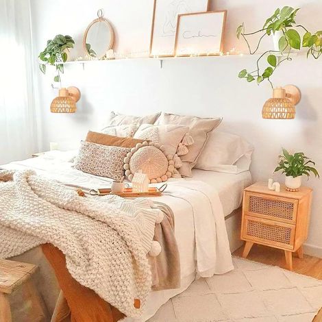 Lot de 2 Appliques Murales Intérieures 20CM Lampe Murale Réglable en Bois et Rotin Rétro E27 Luminaire Applique Vintage pour Chambre(Rotin Brun) (1/5)