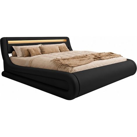 Cama Canapé de matrimonio Cama doble con Cabecero y Canapé LED Somier lamas Negro Madera y polipiel Modelo Rodas Para Colchón 160x200