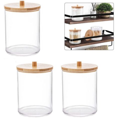 Lot de 3 porte-tampons en coton avec couvercles en bambou, boîtes à cotons-tiges, boîtes de rangement rondes pour salle de bain, pots de rangement transparents pour élastiques à cheveux, fil dentaire (1/5)