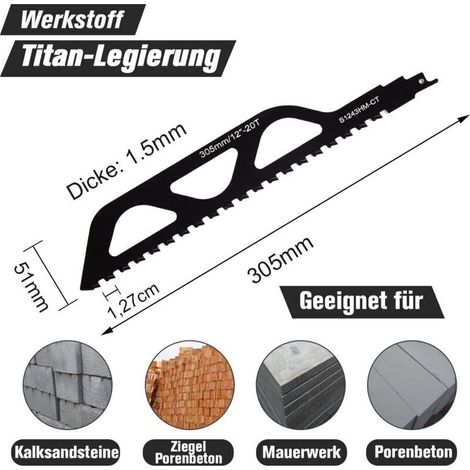 Lame Scie Sabre 305mm Carbure – Coupe Pierre, Béton, Ytong – Compatible Einhell, Bosch, Dewalt (1/3)