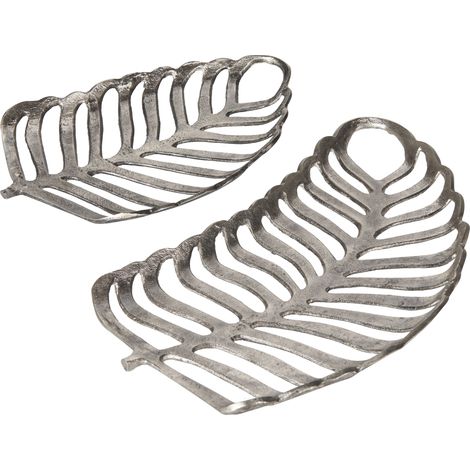 Conjunto de 2 bandejas decorativas de metal plateado plato soporte joyería forma de hoja Amnisos