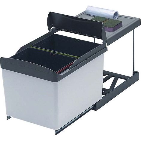 Poubelle coulissante 2 bacs 32L – Sortie manuelle ou automatique – Pour caisson 400mm – Hauteur 372mm – Acier et plastique – Gollinucci (1/2)