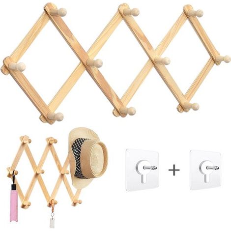 Porte-manteau mural extensible en accordéon, en bois naturel, avec 10 crochets, montage mural, 2 crochets adhésifs inclus (1/5)