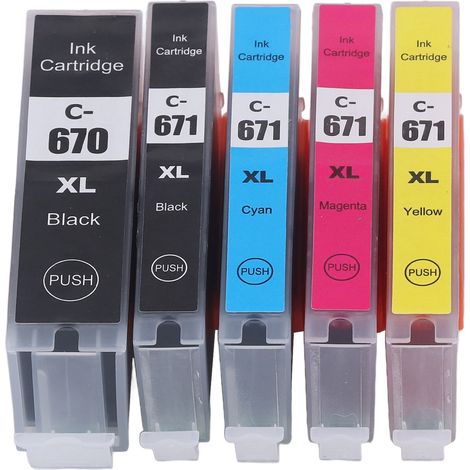 Cartouches d'encre 670-671 avec remplissage, compatibles PIXMA MG5760/MG5765/MG5766/MG6860/MG6865/MG7760/MG7765/MG7766 (région Océanie). Lot de 5 cartouches couleurs (noir/noir/cyan/magenta/jaune). (1/5)