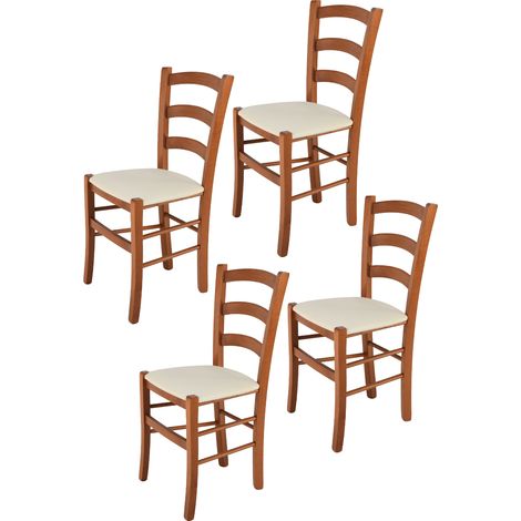 Tommychairs - Set 4 chaises VENICE pour cuisine, bar et salle à manger, robuste structure en bois de hêtre peindré en couleur cerisier et assise rembourrée et revêtue en tissu couleur ivoire (1/5)