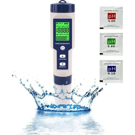 Testeur de qualité de l'eau 5 en 1 – pH, TDS, EC, salinité, température – Écran LCD rétroéclairé – Pour piscines et aquariums